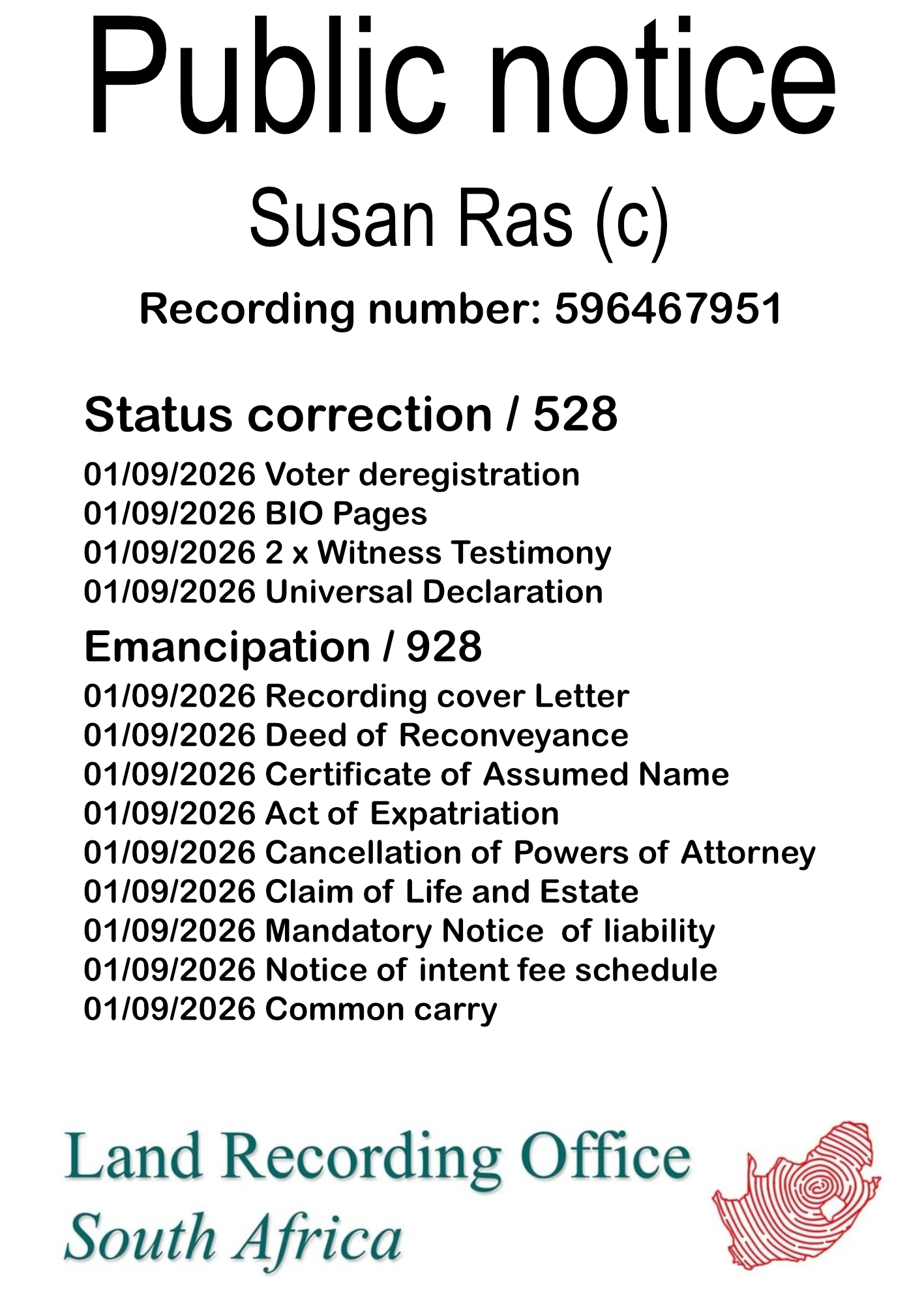 Public notice Susan Ras Recording number 596467951